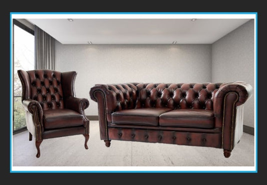 Chesterfield Leather 3 Seater + Wing Chair - Oxblood Red