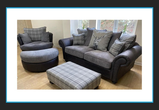 Darwin 3 Seat Pillow Back Sofa With Swivel Chair + Designer Stools Special Offer. - Sofa Emporium