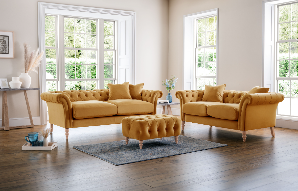 Chesterfield 3+2 Footstool Set Fabric - 5 Colours Available